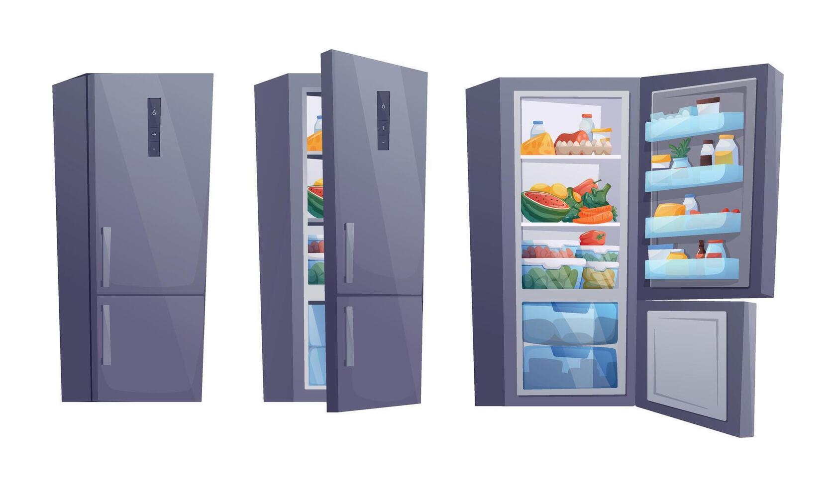 modern refrigerator with food items inside vector