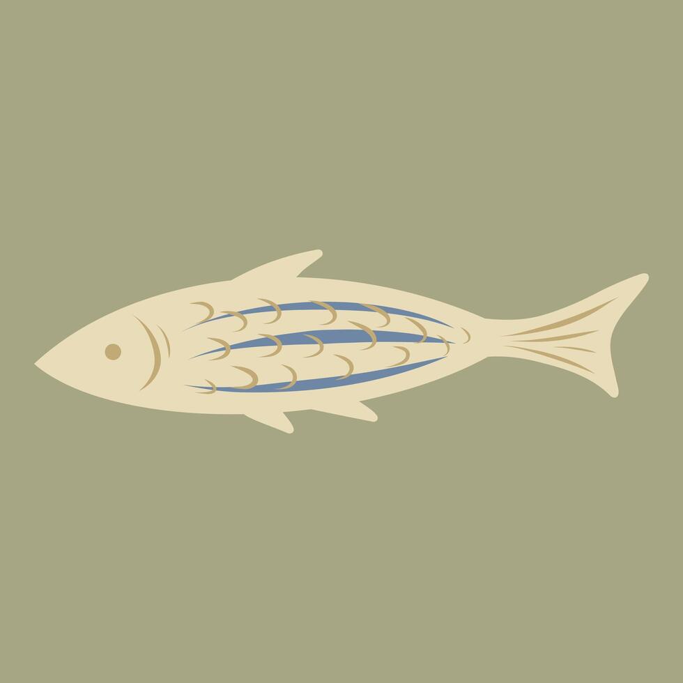 Hand drawn herring with blue lines illustration on a green background, fish illustration vector