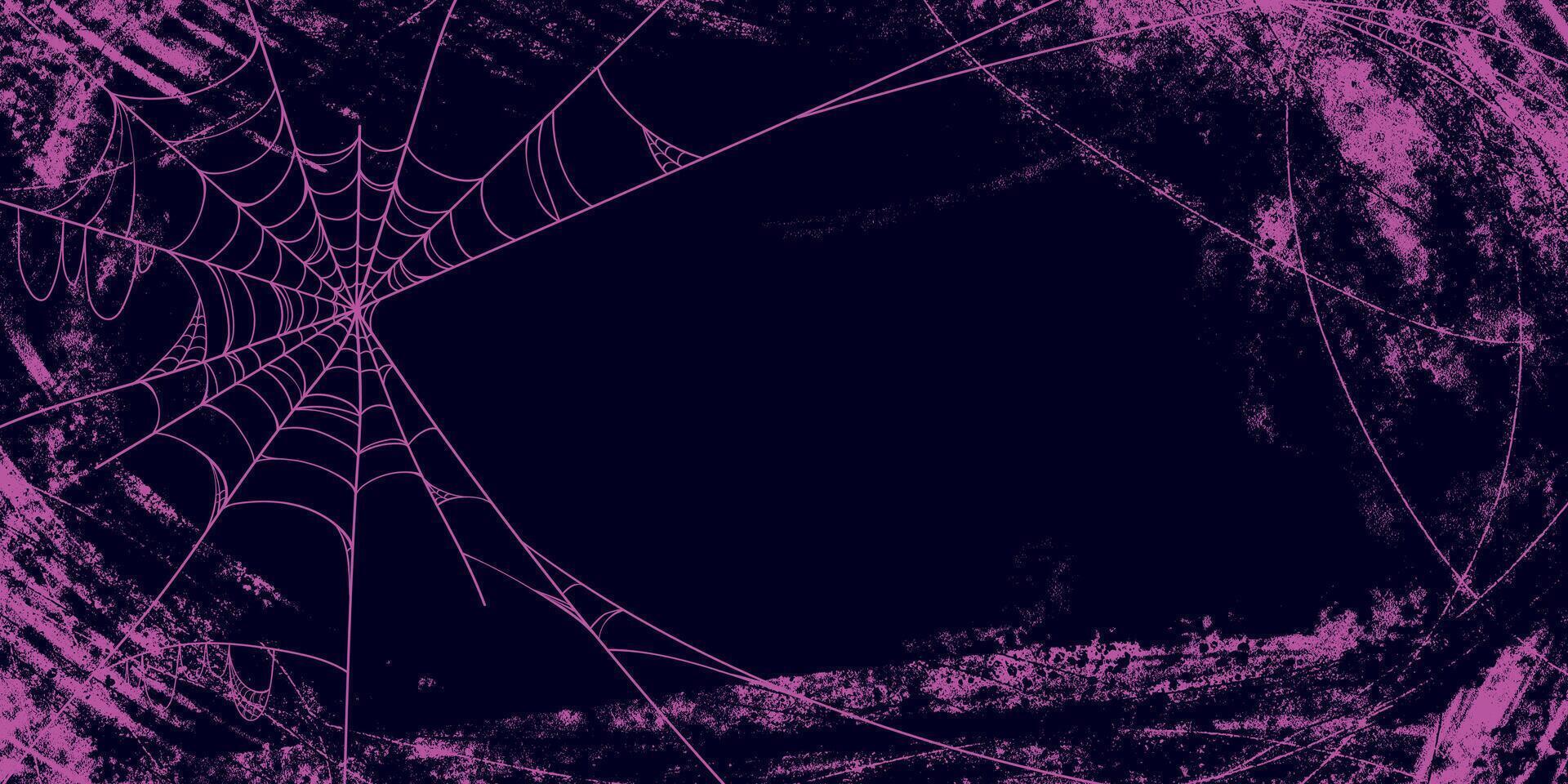 Grunge Pink Spider Web on Dark Background. Decorative spider web with abstract hand drawn texture and moody gothic vibes for Halloween spooky invitations, cards, posters, holidays vector