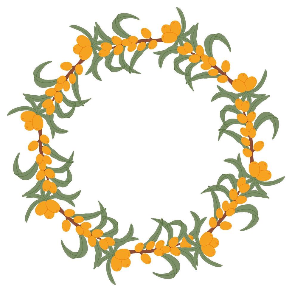 Hand-Drawn Sea Buckthorn Wreath with Orange Berries and Green Leaves in a Natural Botanical Design vector