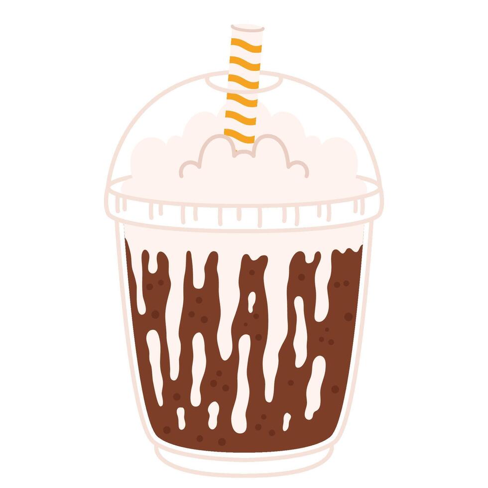 Chocolate soda with whipped cream in plastic dome cup with yellow straw vector