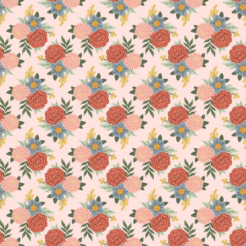 Summer flowers bouquets damask Seamless Pattern. bohemian Rose, dahlia romantic texture for textile vector
