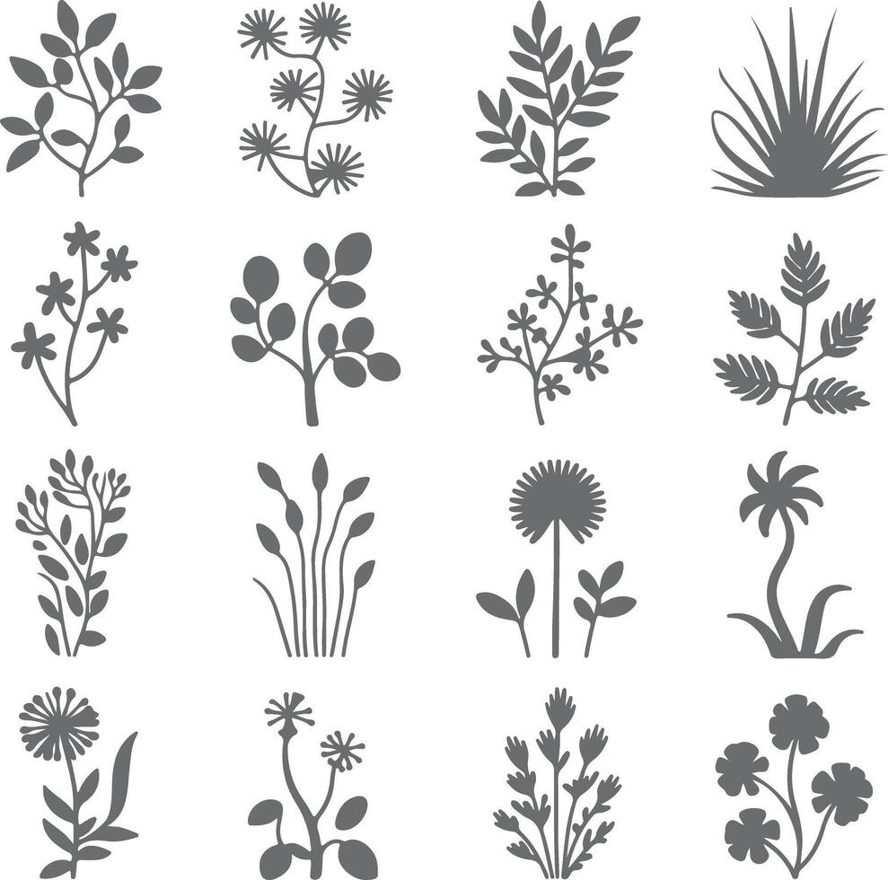 Sixteen Gray Silhouette Botanical Illustrations Featuring Various Flowers Plants and Foliage Designs Simple Minimalist Style Floral Elements Set vector