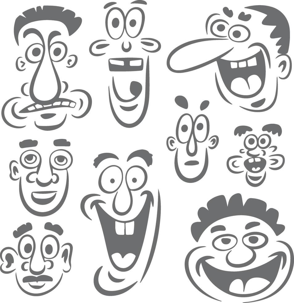 Collection of Nine Gray Cartoon Faces with Varied Expressions Silhouettes Illustrative Style Hand Drawn Funny Characters vector