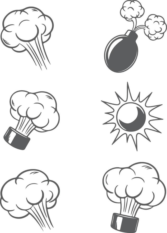 Six Gray Scale Bomb Explosions Smoke Puffs and Silhouette Bomb Illustrations Set Graphic Design Elements vector