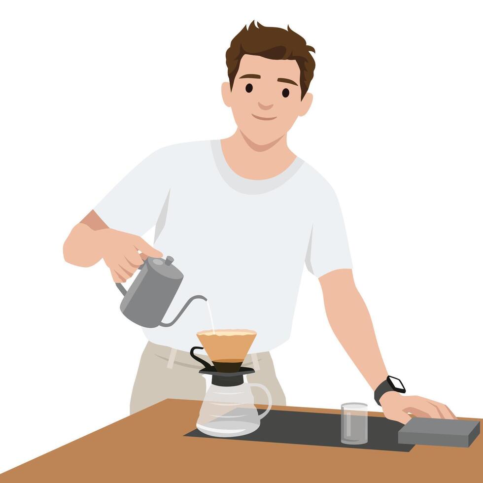 Man in a white shirt carefully prepares a pour over coffee using gooseneck kettle and glass carafe. vector