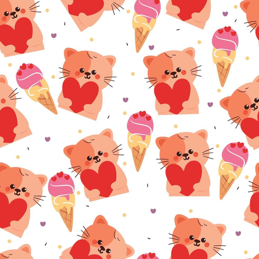 cute drawing cartoon cat with red heart and ice cream seamless pattern. cute pattern in white background for wallpaper and gift wrap paper vector