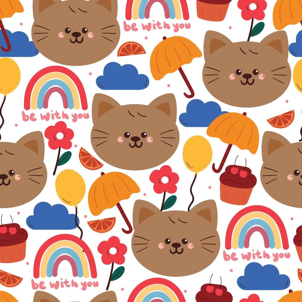 seamless pattern cute cartoon cat with sky elements. animal drawing in white background for wallpaper and gift wrap paper vector