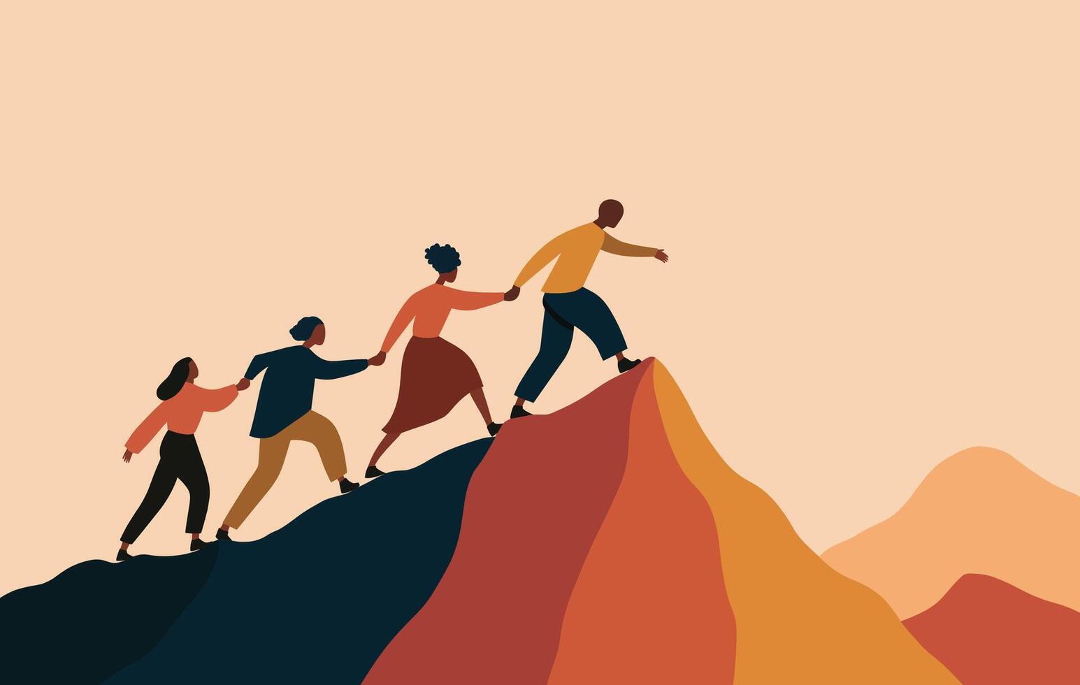 Teamwork of diverse youth climbing mountain silhouette with bold minimal style vector