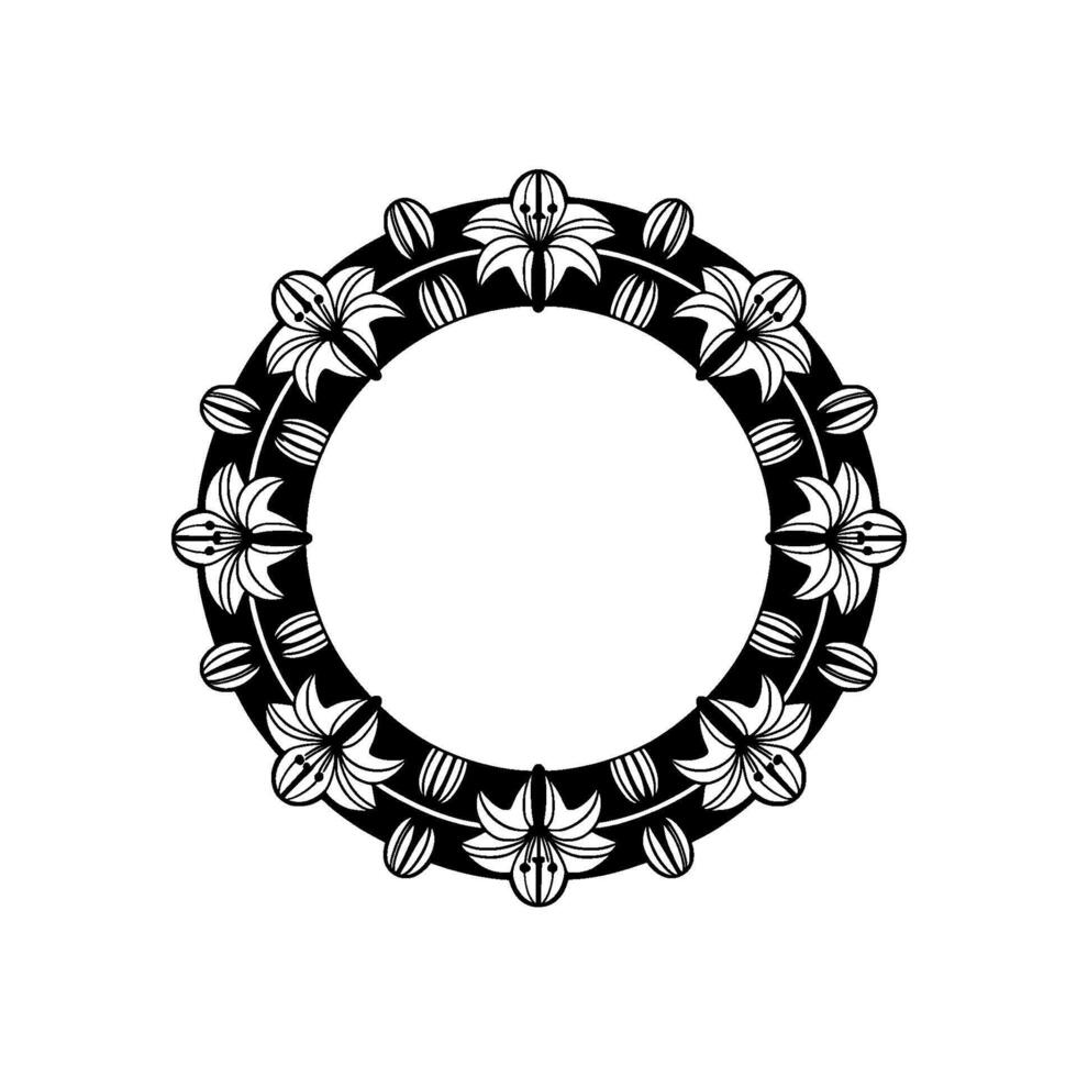 Elegant Lily Floral Circle Frame in Black and White, vector