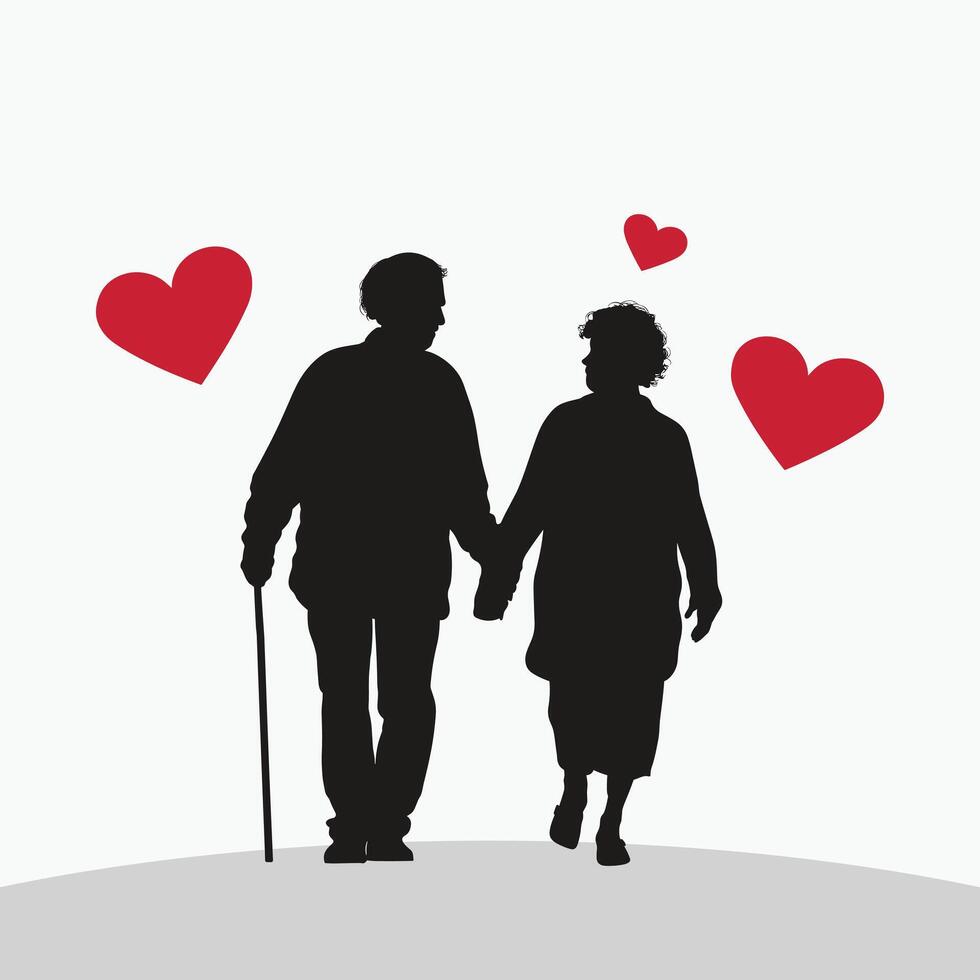 Minimal Silhouette of Elderly Couple Walking Hand in Hand illustration vector