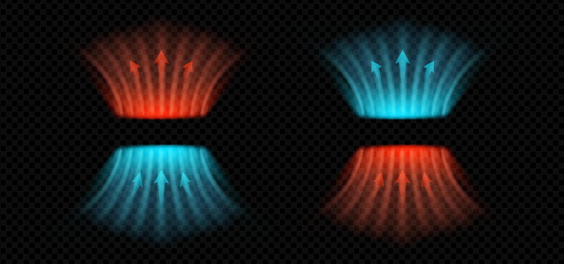 Dynamic air flow concept with neon wind arrows and temperature contrast. Blue red wave stream shows heat or cool breeze. Clean illustration for HVAC, AC, or purification themes. vector