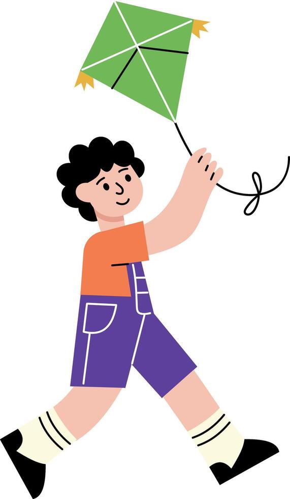 A flat style illustration showing a kid flying kite vector