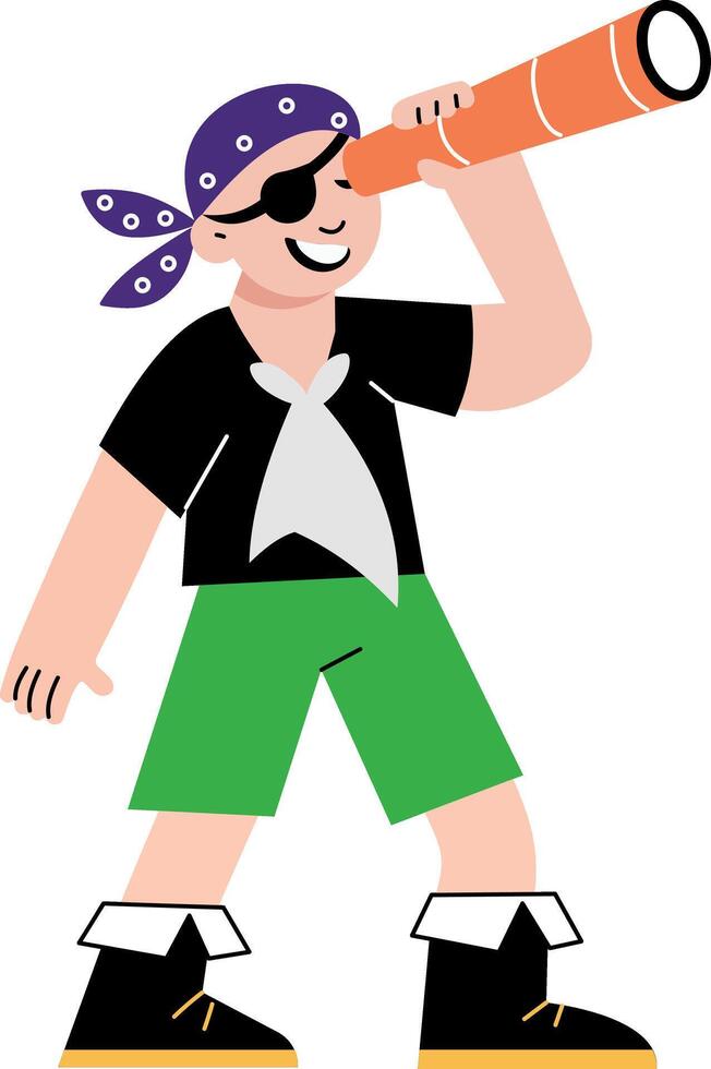 A flat style illustration showing a kid wearing pirate costume vector