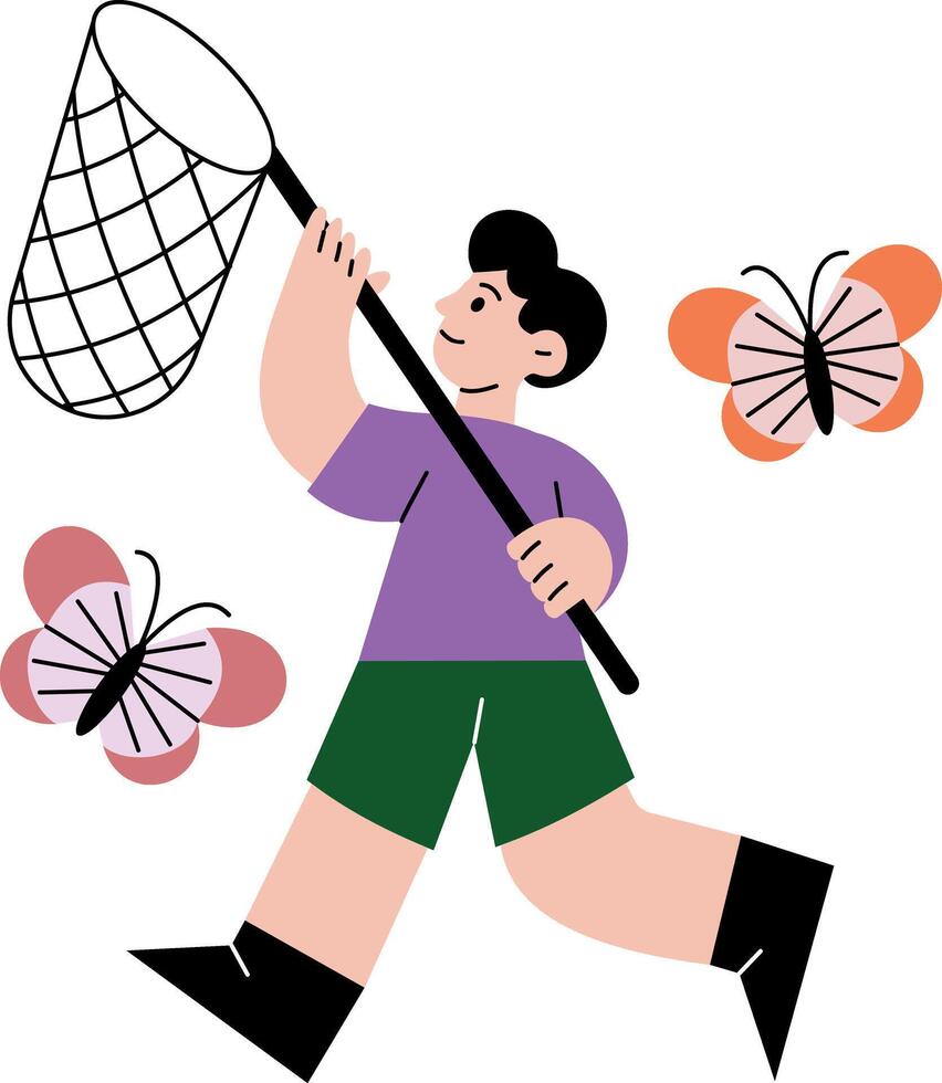 A flat style illustration showing a kid catching butterflies vector
