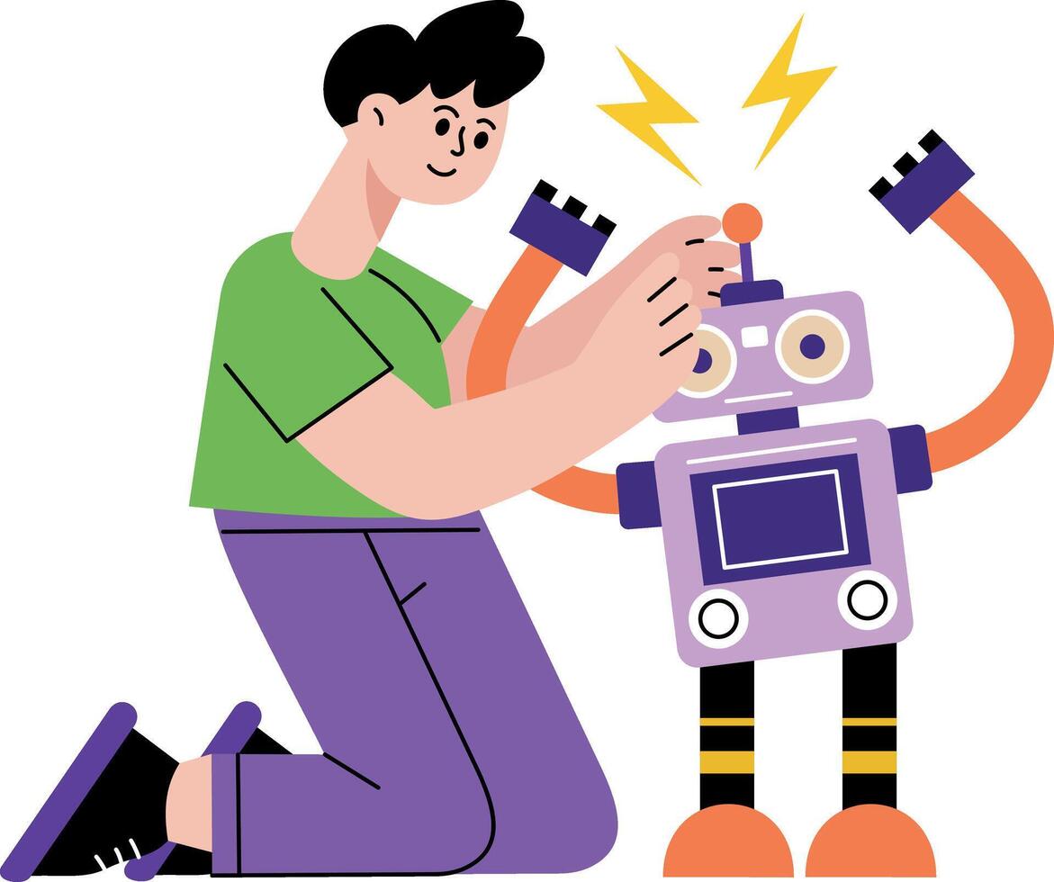 A flat style illustration showing a character building bot vector