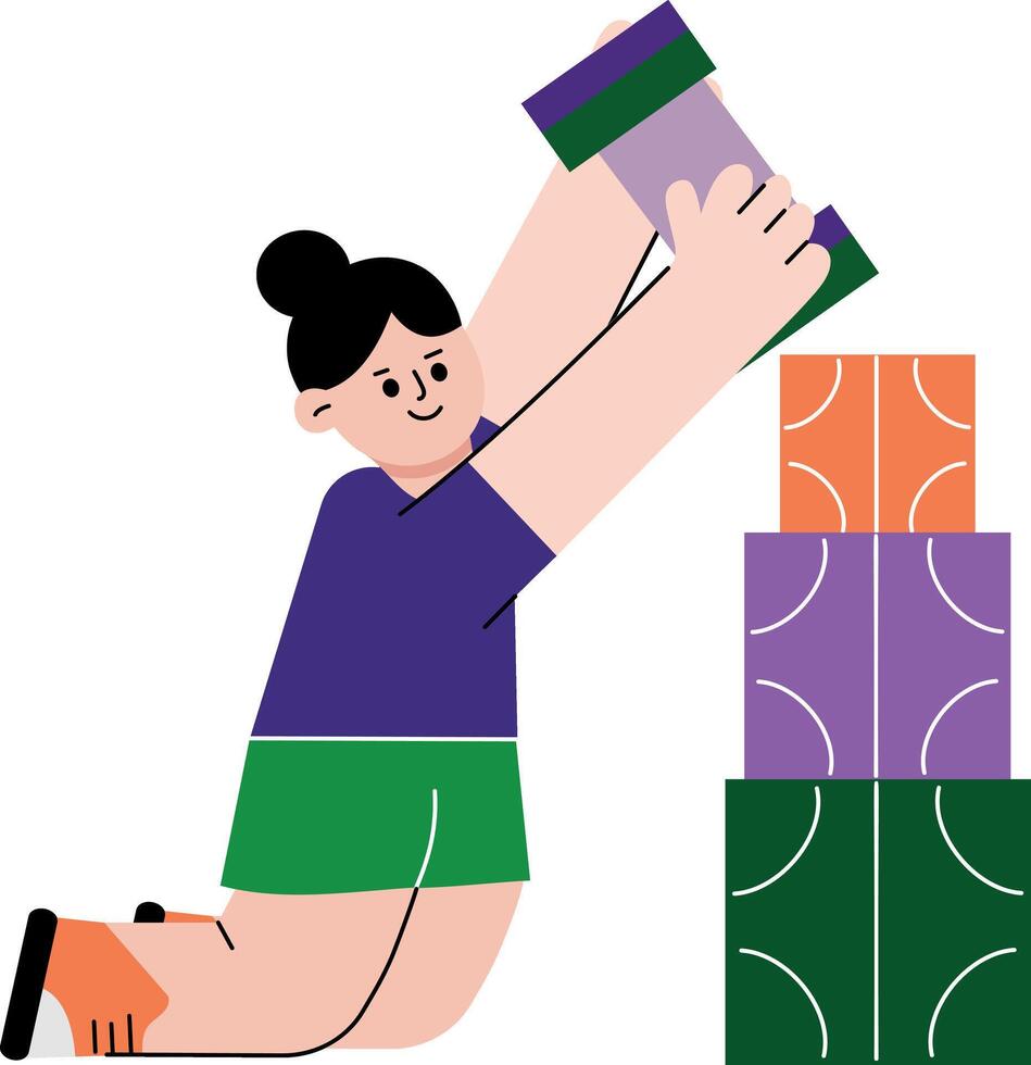 A flat style illustration showing a kid building blocks vector