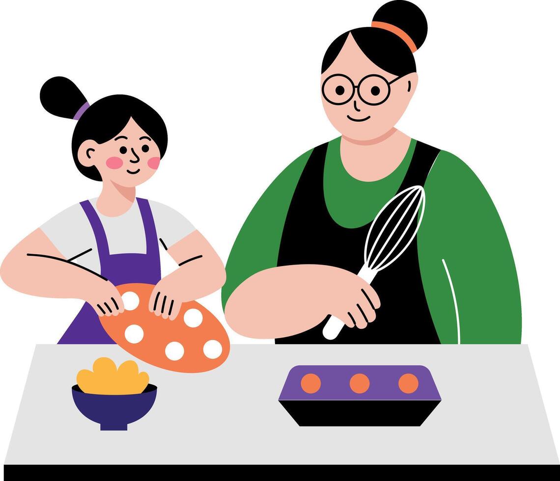 A flat style illustration showing a kid baking with her mom vector