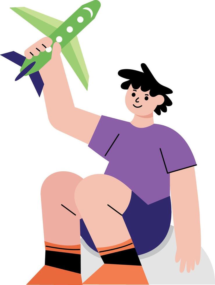 A flat style illustration showing a boy playing with airplane toy vector