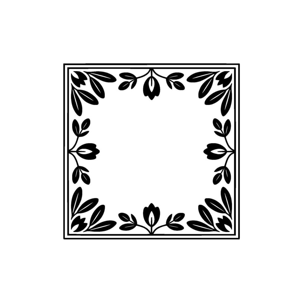 Elegant Floral Frame, Black White, Square Border, vector