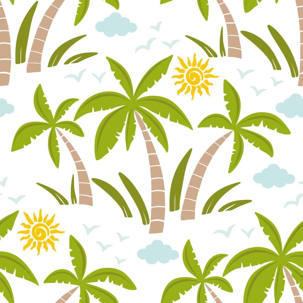 Palm tree trendy seamless pattern design. Tropical forest plants textile ornament. Paradise rapport. Palms, sun, birds and clouds vector