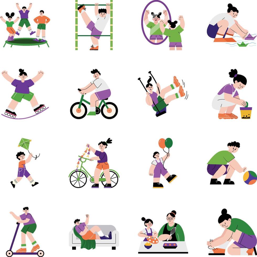 Set of Kids Playing Flat Style Illustrations vector