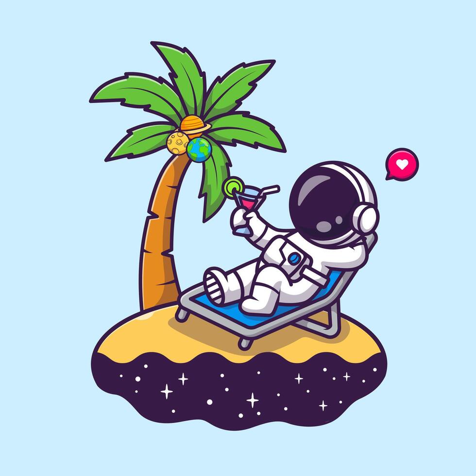 Cute Astronaut Relaxing On Bench with Orange Juice On Island Cartoon vector