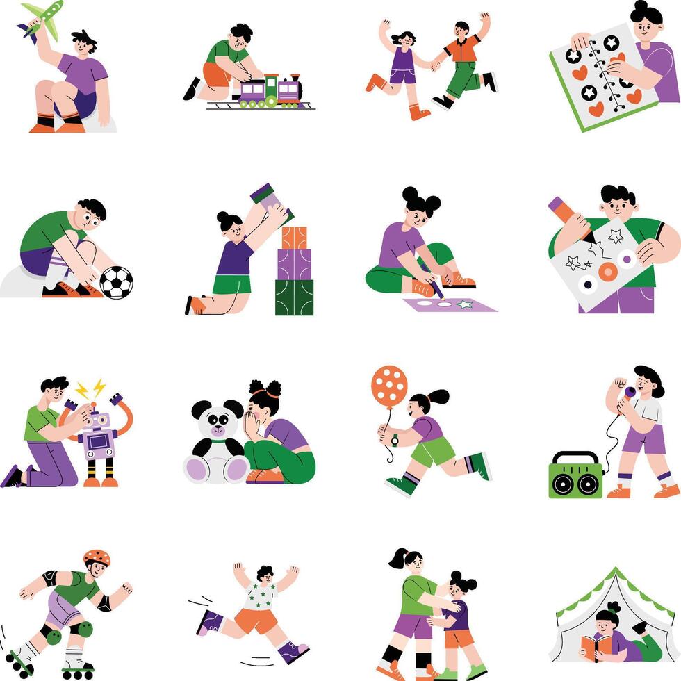 Pack of Teenagers Playing Flat Style Illustrations vector