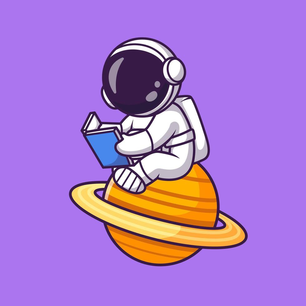 Cute Astronaut Reading Book on Planet Cartoon vector