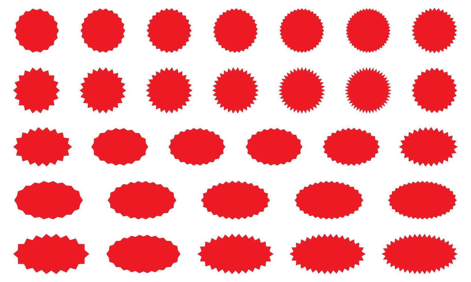 Starburst red sticker set. Collection of special offer sale round and oval sunburst labels. vector