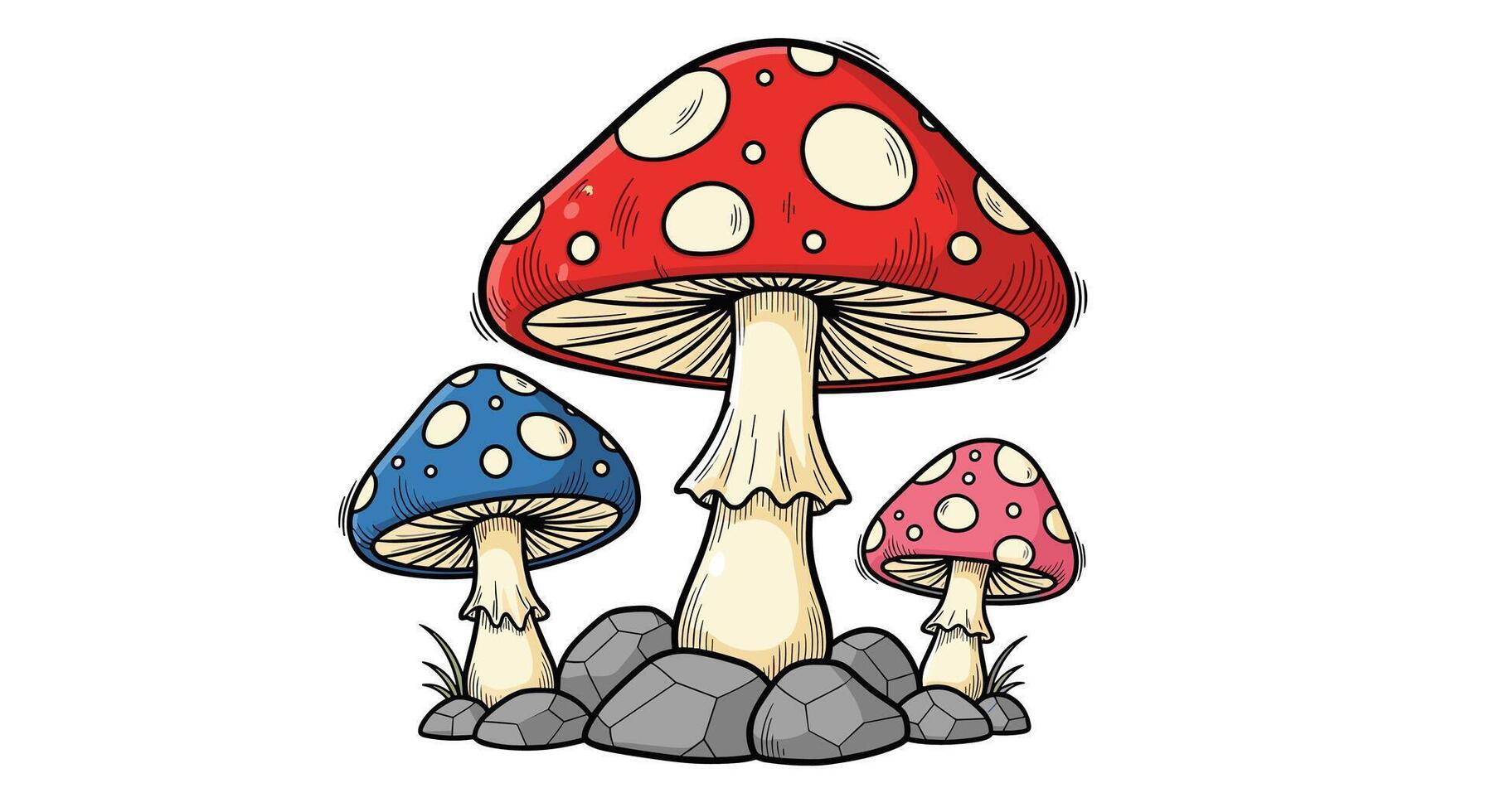 A Group of Colorful Mushrooms with White Stalks Growing on Rocky Ground vector