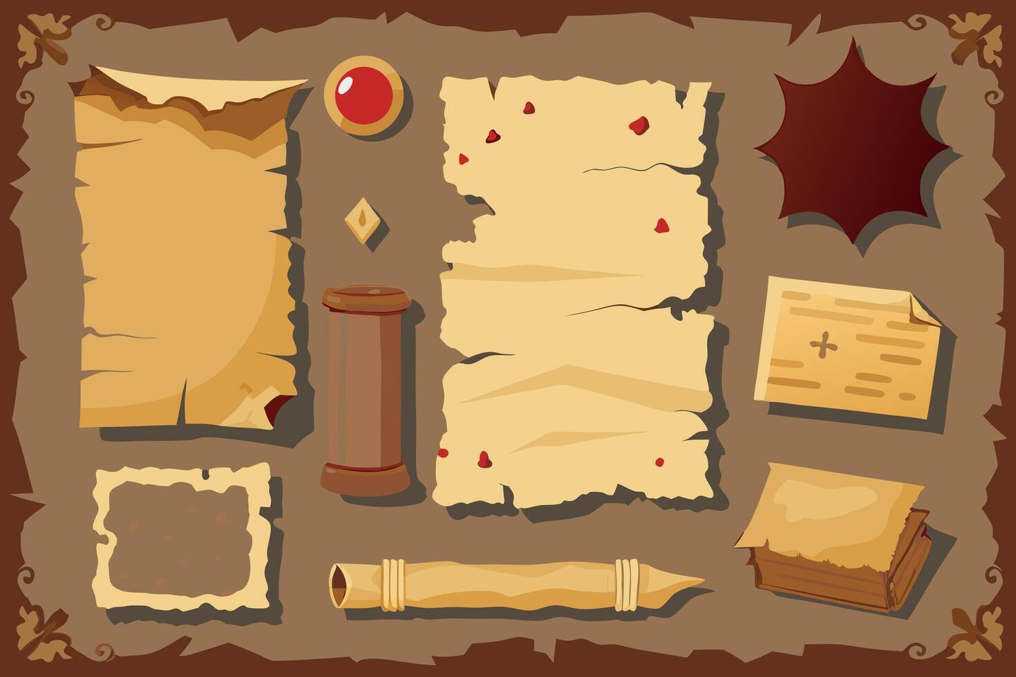 Illustration of Pixel Art Game Assets Old Papers Scrolls Map and Parchment for Game UI vector