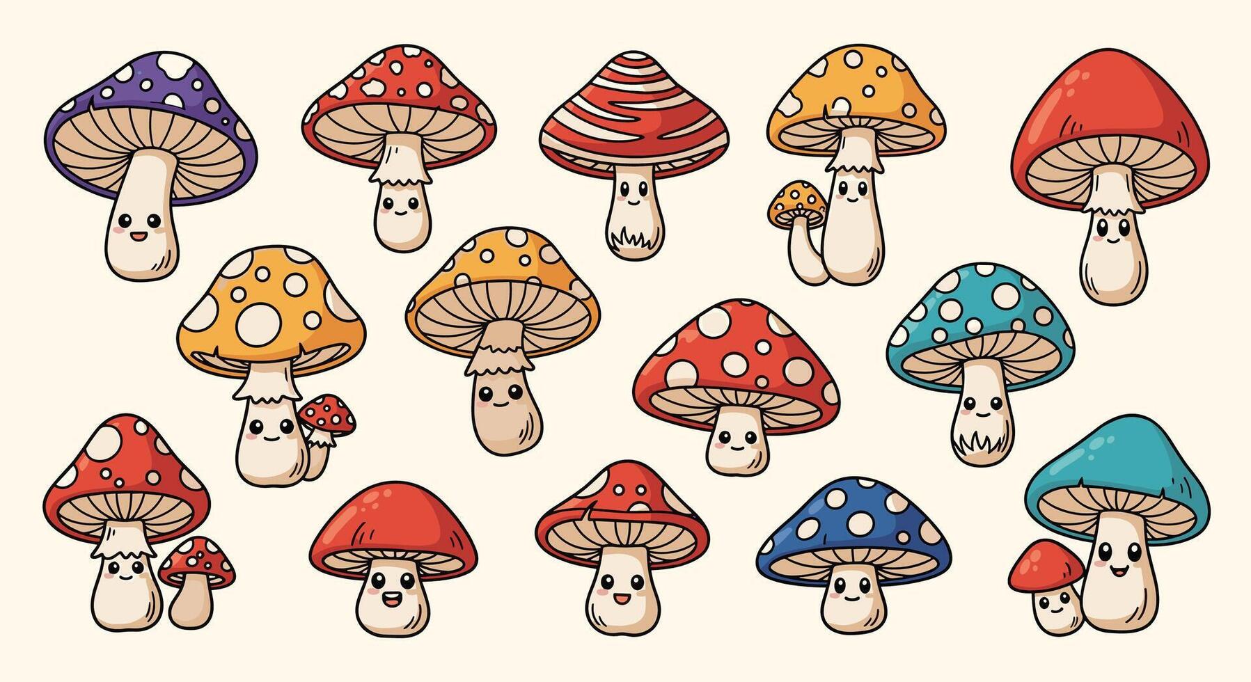 Variety of Cute Fungi with Smiling Faces a Charming Forest Scene vector