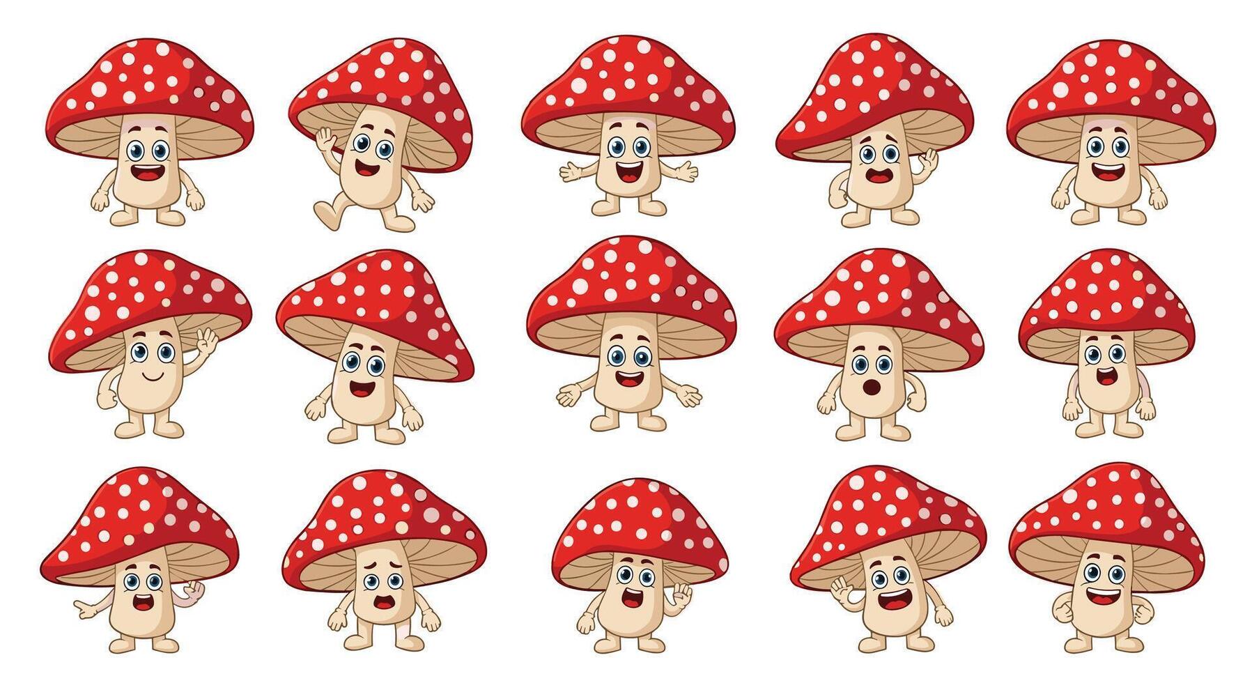 Cartoon Amanita Muscaria Mushrooms Expressing a Variety of Emotions And Making Various Gestures vector