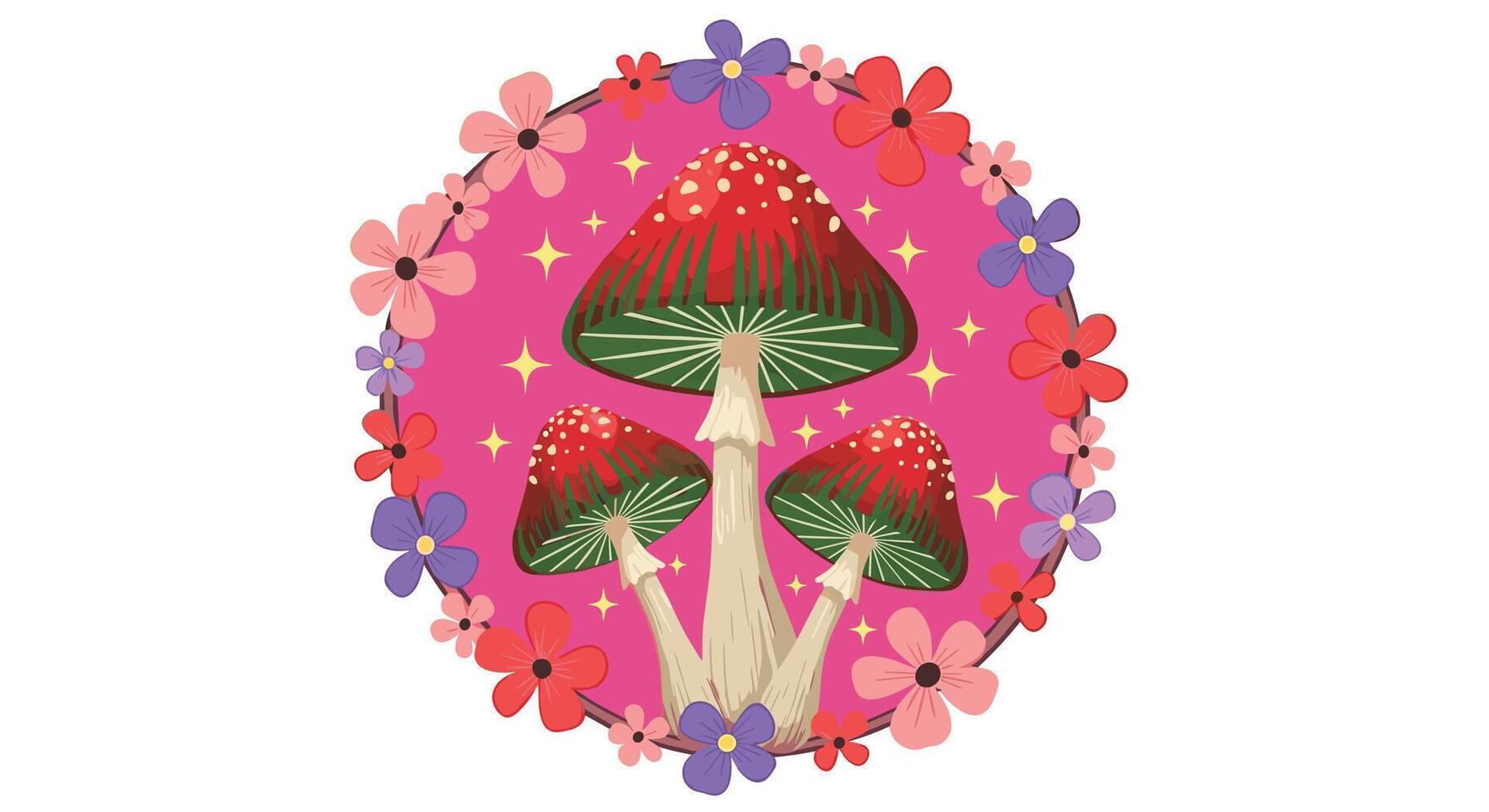 Whimsical Forest Magic A Charming Illustration of Amanita Mushrooms and Flowers vector