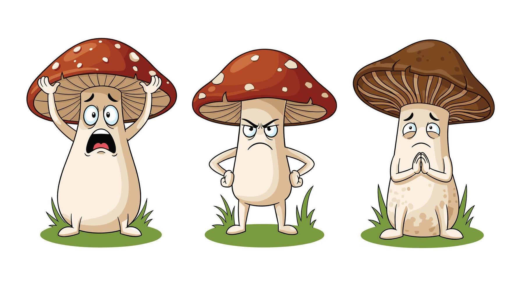 Cartoon Fungi Faces Expressing Different Emotions Like Fear Anger and Sadness Together vector