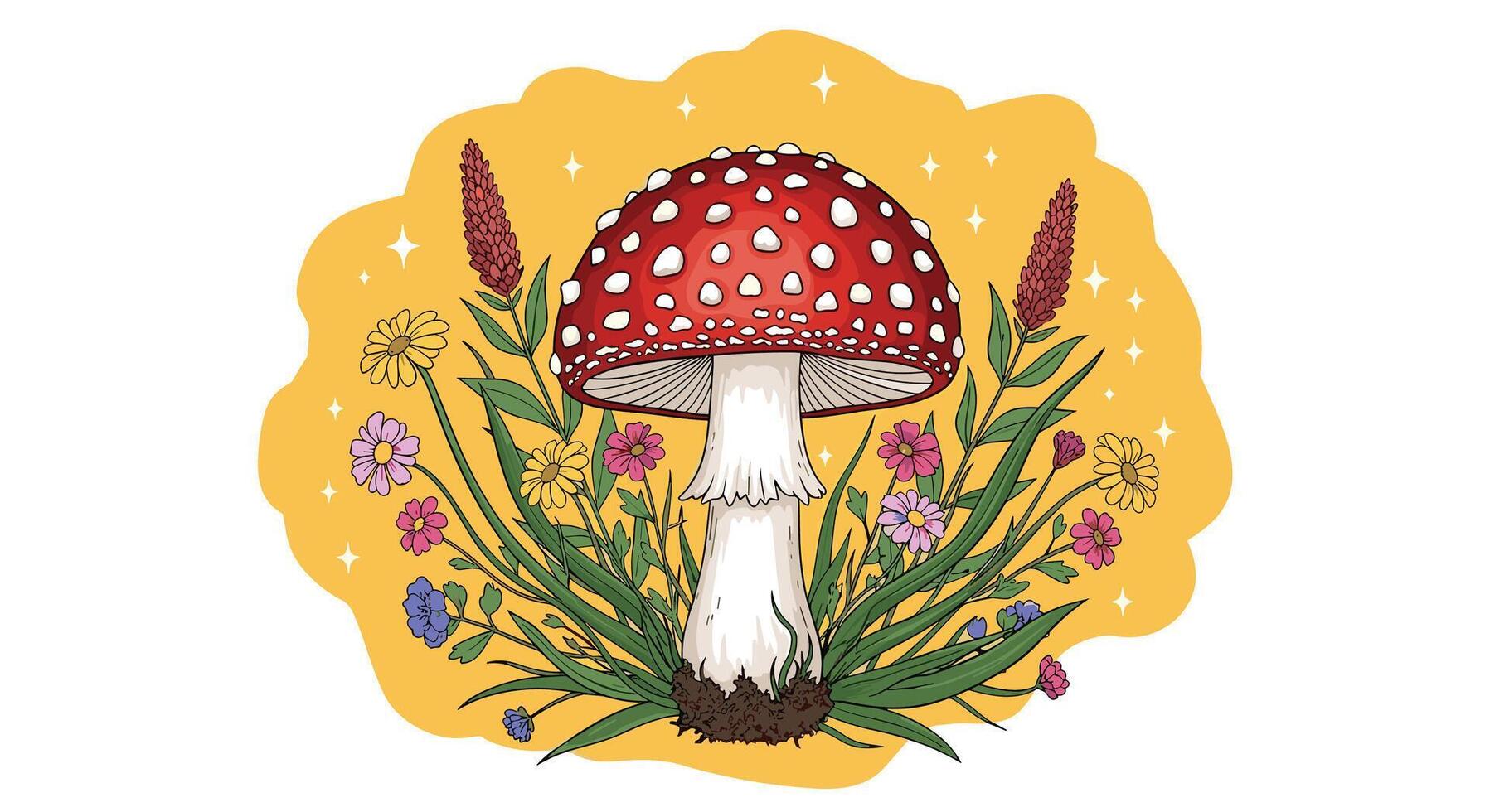 Whimsical Forest Illustration Featuring a Red Mushroom Surrounded by Plants and Flowers vector