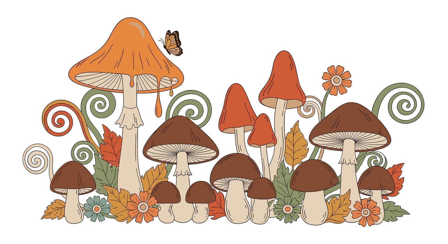 Enchanted Forest An Array of Colorful Mushrooms Among Flowers And Leaves vector