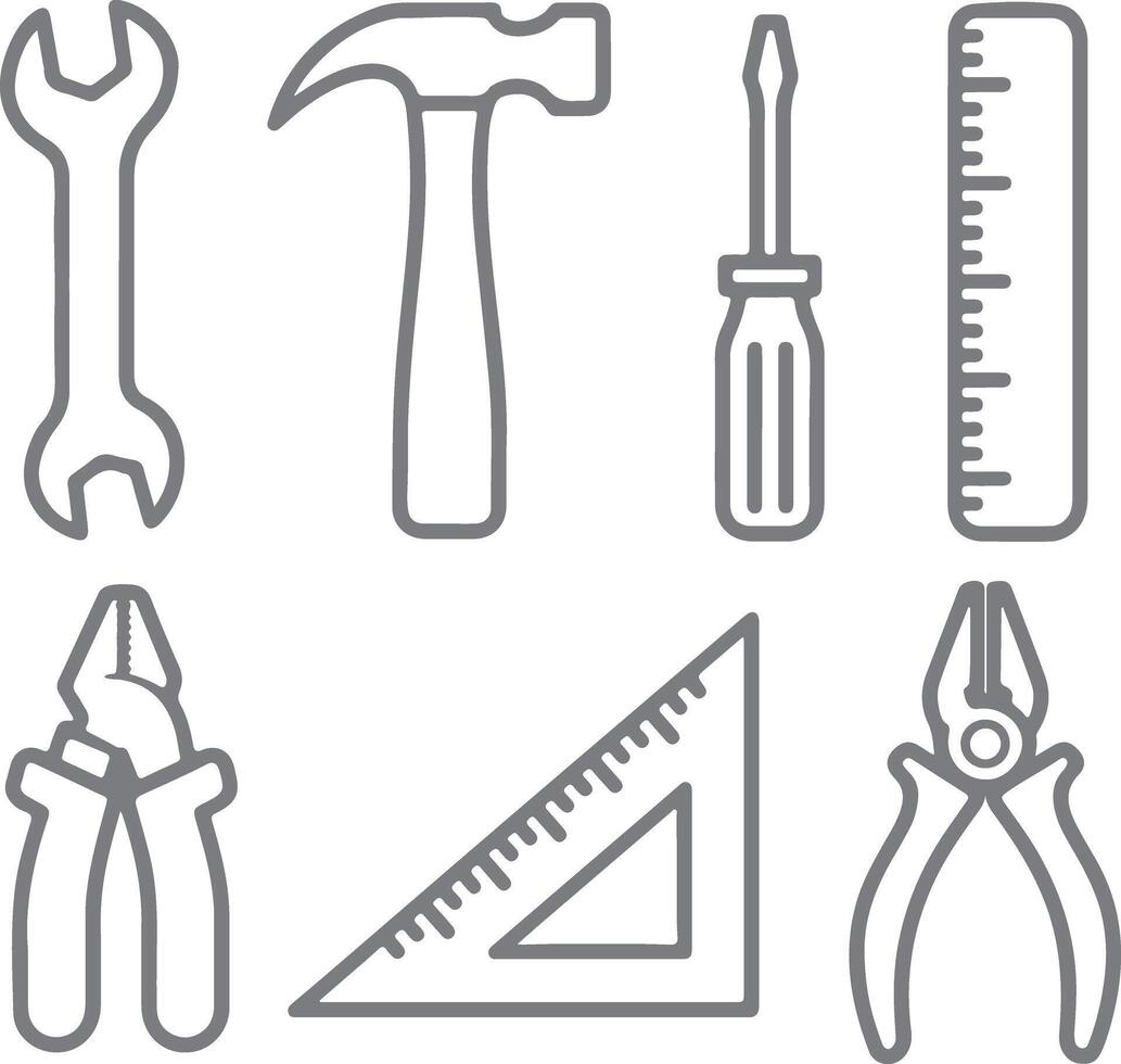 Gray Silhouette Line Art Set of Construction Tools Wrench Hammer Screwdriver Ruler Pliers Set Square vector