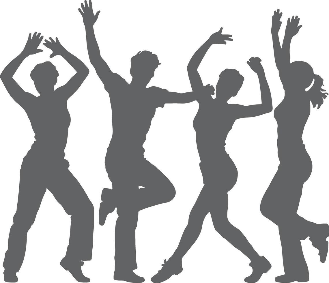 Four Grey Silhouettes of People Dancing Joyfully Arms Raised in Upbeat Energetic Poses White Background vector