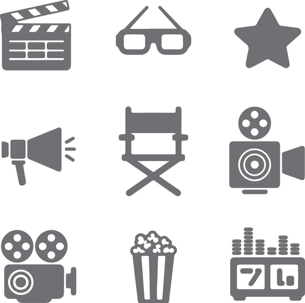 Gray Silhouette Icons Set Filmmaking Movie Production Cinema Camera Popcorn Clapperboard 3 D Glasses Director Chair Megaphone Star Rating vector