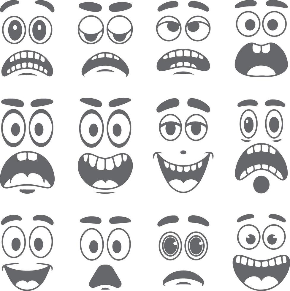 Sixteen grayscale cartoon face expressions featuring various eyes eyebrows and mouths depicting a range of emotions from happy surprised scared vector