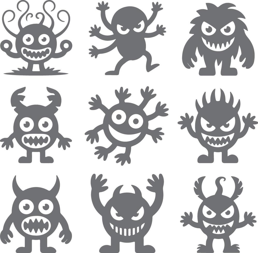 Nine Grey Cartoon Monster Silhouettes Various Expressions Poses White Background gray vector