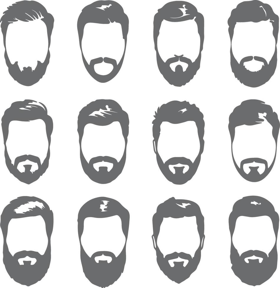 Twelve Gray Silhouettes of Men with Various Hairstyles and Beards on White Background Collection of Male Facial Hair and Haircut Styles Gray vector