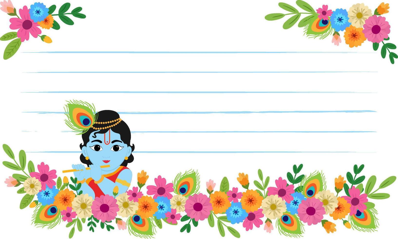 baby krishna cartoon with peacock feather and flowers on blank note card festive indian religious background for janmashtami, template or invitation vector