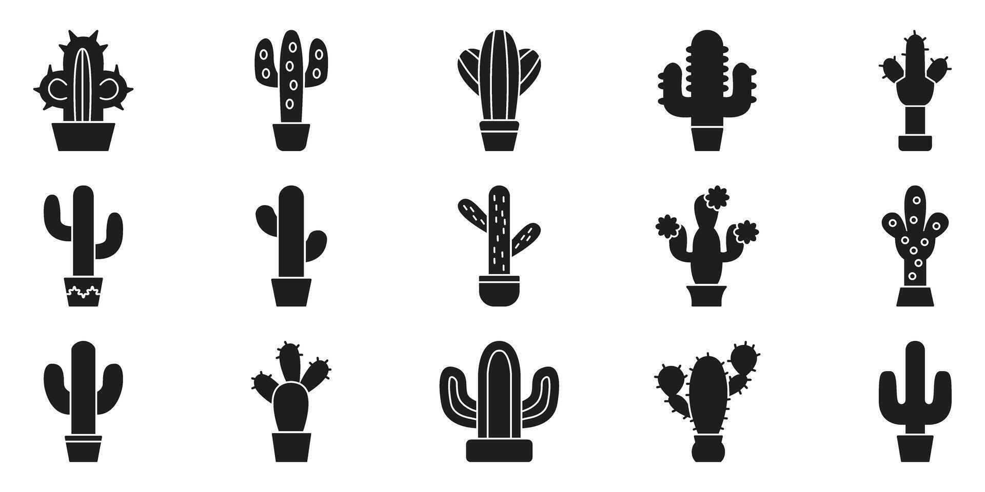 Cactus Plant Silhouette Icon Set. Diverse Cactus In Pots Silhouette Symbol Collection. Botanical And Desert. Isolated Illustration vector