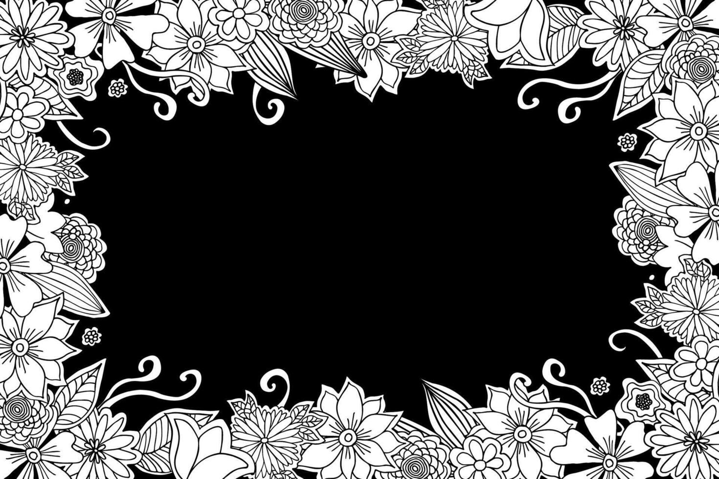 Rectangular frame with hand-drawn flowers on black background vector