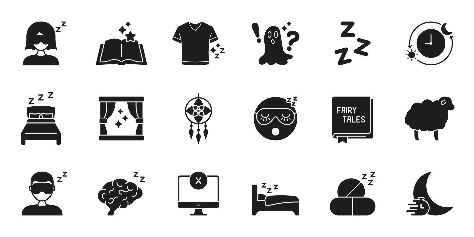 Sleep And Relaxation Solid Icon Set. Bedtime Routine, Dreaming, And Restful Sleep Silhouette Symbol Collection. Sleep Hygiene And Nighttime Habits. Isolated Illustration vector