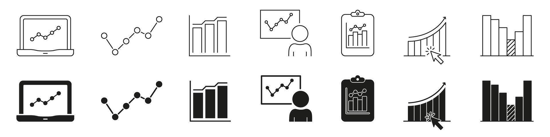 Data Analytics And Growth Chart Line And Solid Icon Set. Business Performance, Financial Analysis, And Market Trends Symbol Collection. Statistical Visualization Tools. Isolated Illustration vector