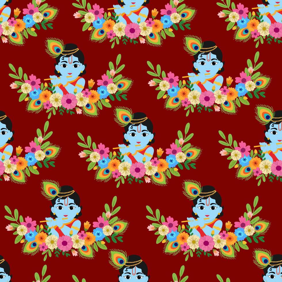 seamless baby krishna pattern with flowers and peacock feathers on maroon background cute hindu god cartoon textile or gift wrap design vector